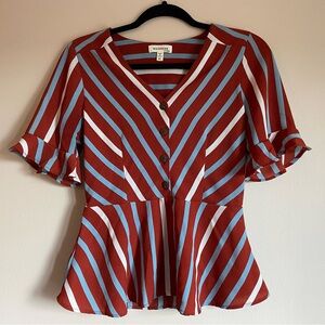 Monteau rust orange blue white striped peplum top size medium